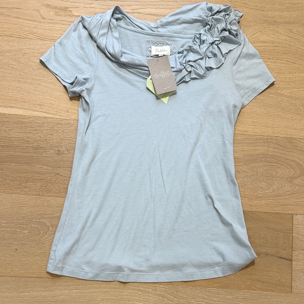Anthropologie Light Blue Short Sleeve Ruffle Neck Tee